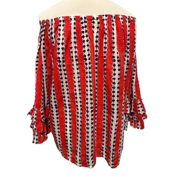 Roller Rabbit 3/4 Sleeve Red White and Blue Baggy Off the Shoulder Blouse Size L - Picture 10 of 16